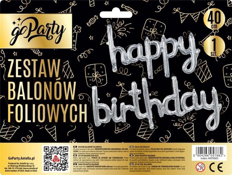 GoParty, zestaw balonów foliowych, Happy Birthday, srebrne