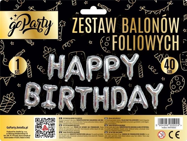 GoParty, zestaw balonów foliowych, Happy Birthday, srebrne