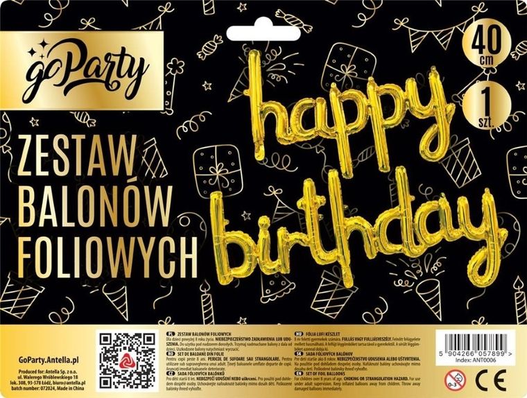 GoParty, zestaw balonów foliowych, Happy Birthday, złote