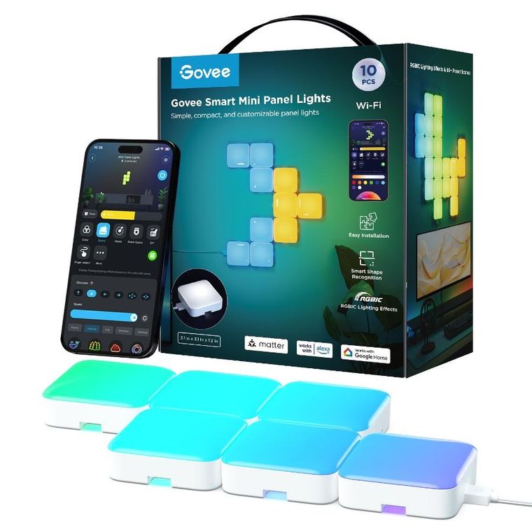 Govee, Smart Mini Panel Lights, 10 pack, oświetlenie LED, RGBIC, Wi-Fi + Bluetooth, H8069