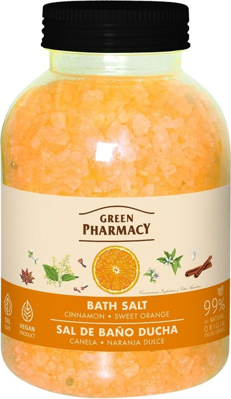 Green Pharmacy, sól do kąpieli cynamon i pomarańcza, 1000 g