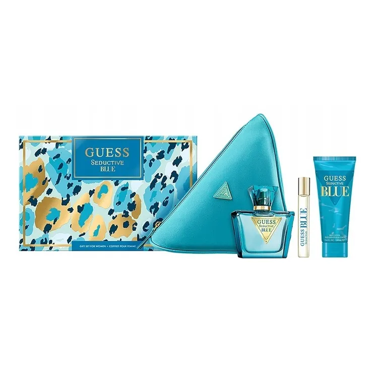 Guess, Seductive Blue, zestaw: woda toaletowa, spray, 75 ml + balsam do ciała, 100 ml + woda toaletowa, spray, 15 ml + kosmetyczka