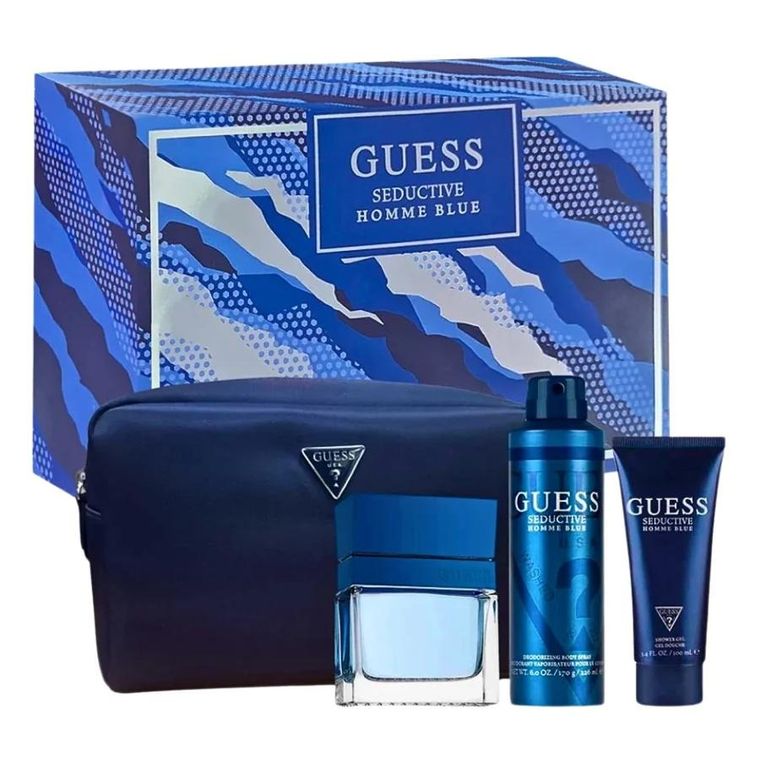 Guess, Seductive Homme Blue, zestaw: woda toaletowa, spray, 100 ml + dezodorant, spray, 226 ml + żel pod prysznic, 100 ml + kosmetyczka