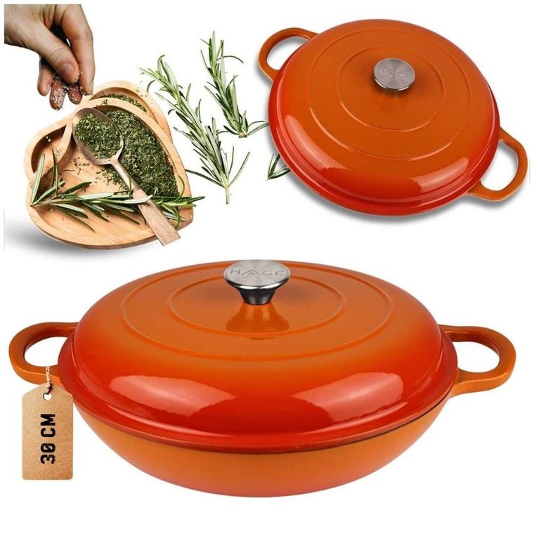 Hage, emaliowany garnek żeliwny, płaski, pomarańczowy, 30 cm, 3l