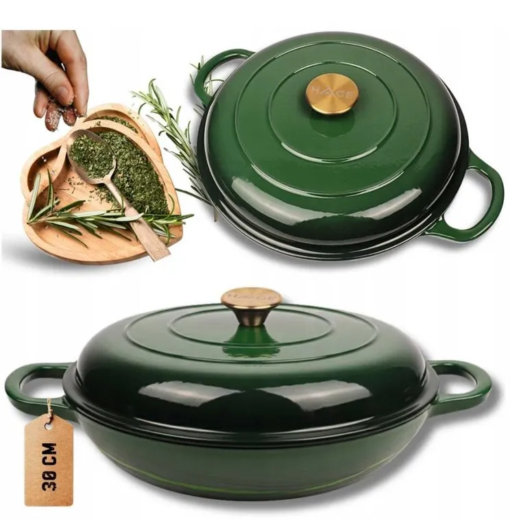 Hage, garnek żeliwny, emaliowany, płaski, zielony, 30 cm, 3l