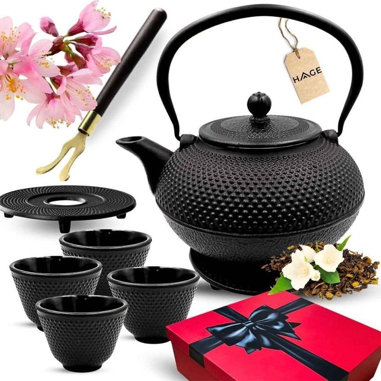 Hage, zestaw dzbanek żeliwny, z filiżankami, czarny, 4-60 ml, 1,4l