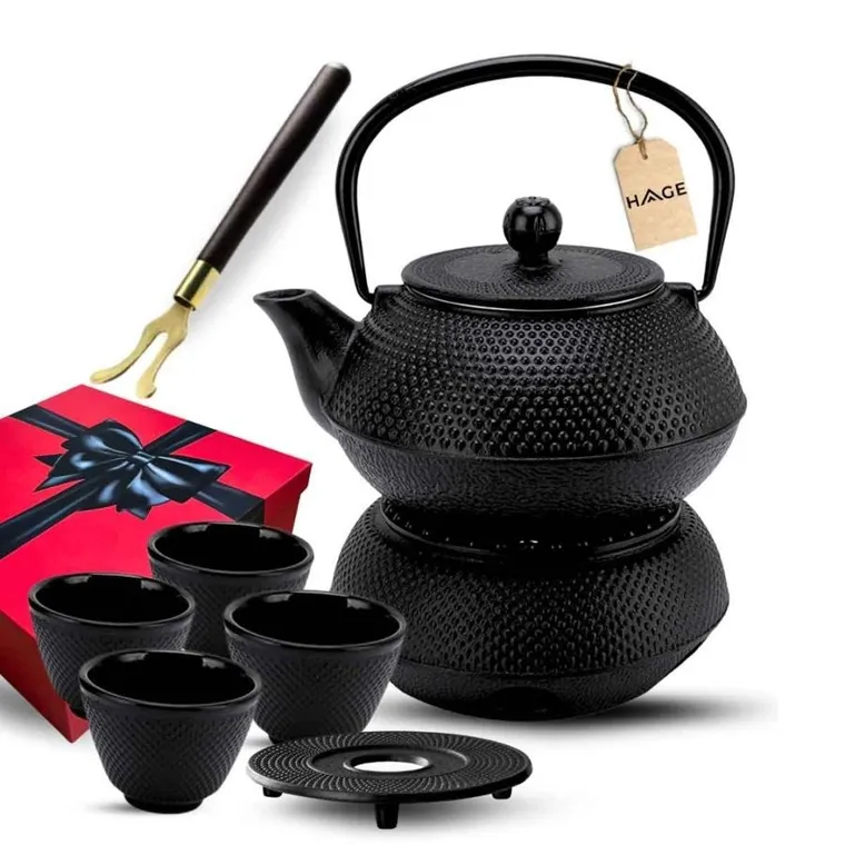 Hage, zestaw dzbanek żeliwny, z filiżankami i podgrzewaczem, czarny, 4-60 ml, 900 ml