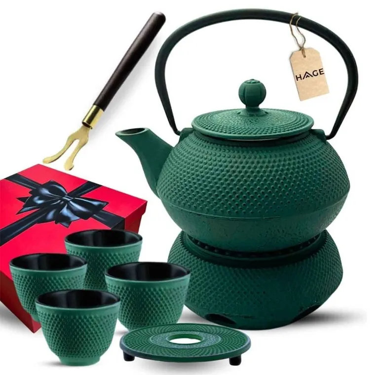 Hage, zestaw dzbanek żeliwny, z filiżankami i podgrzewaczem, zielony, 4-60 ml, 900 ml