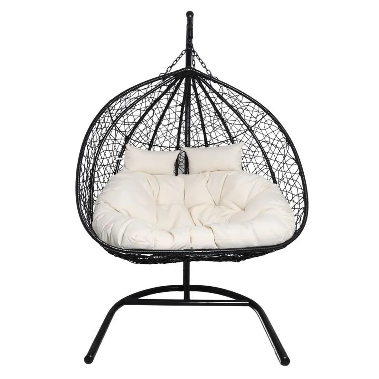 HaloFuture, fotel wiszący, dwuosobowy, kokon, czarny, beżowa poduszka