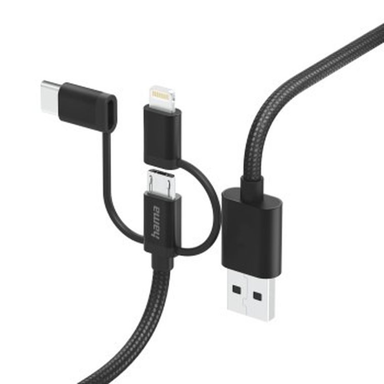 Hama, adapter 3w1 micro USB, typ-c/lightning 1.5m, czarny