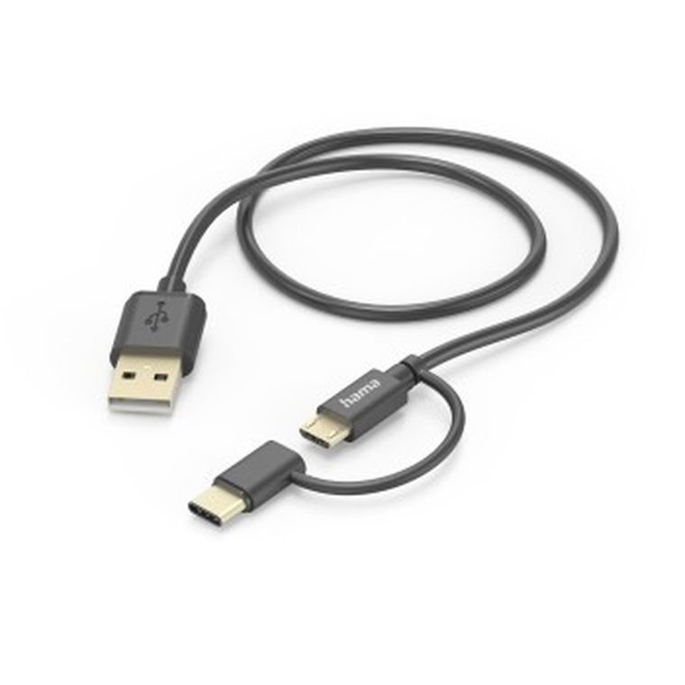 Hama, kabel do telefonu z adapterem 2-1 usb-c micro usb usb-a długość 1 m, czarny