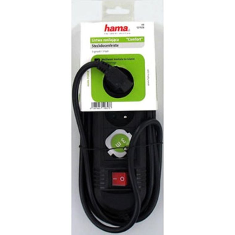 Hama, listwa zasilająca Comfort z wyłącznikiem, 3 gniazda, 3m, czarna