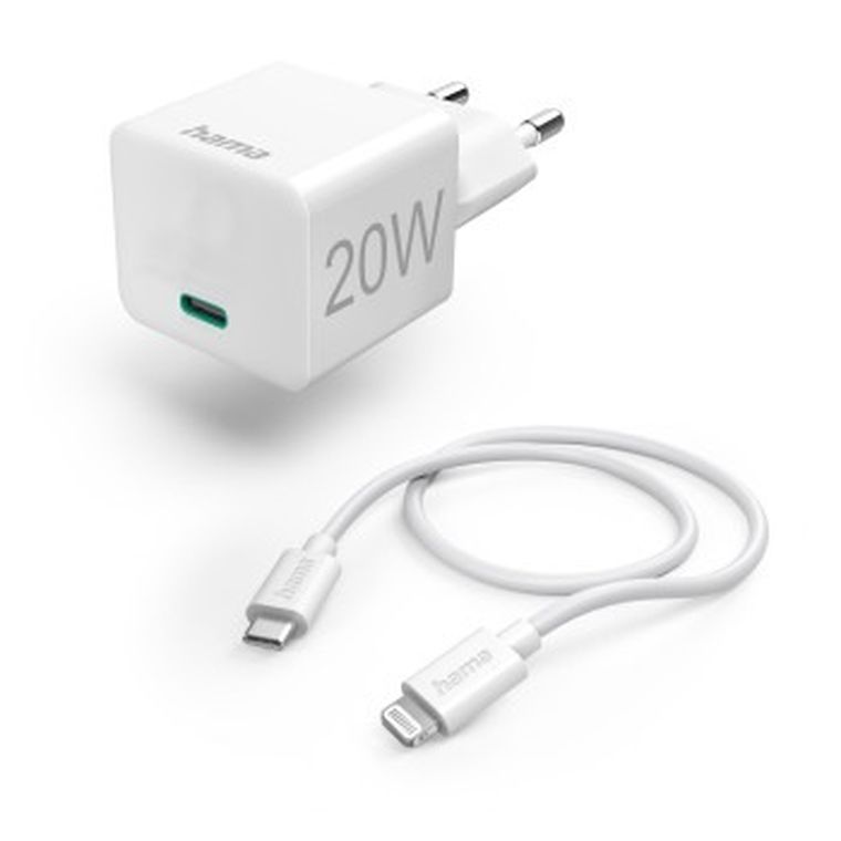 Hama, Qualcomm, ładowarka sieciowa mini, 20W, kabel USB-C, 20W, lightning, biała