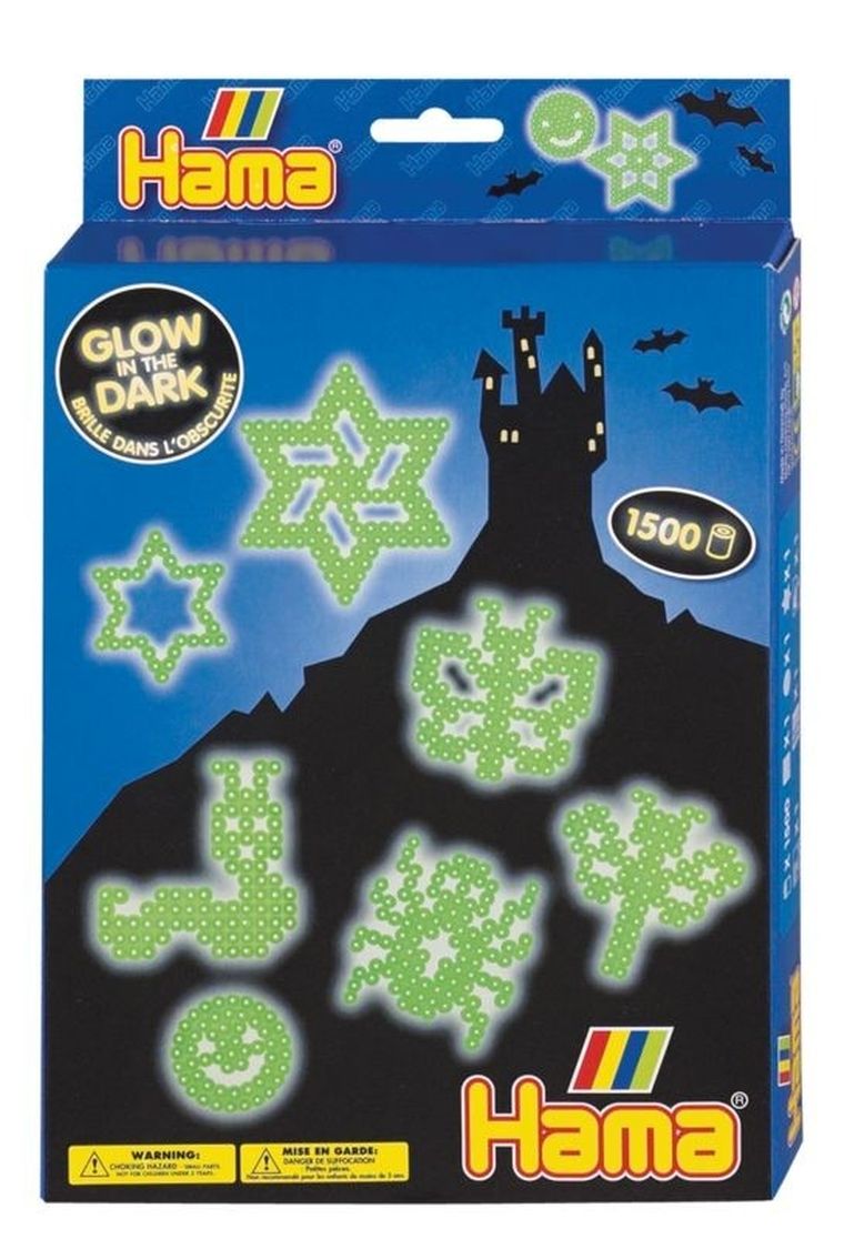 Hama, zestaw: koraliki do prasowania + plansza, świecące w ciemności