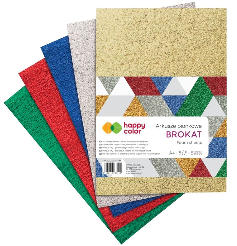 Happy Color, arkusze piankowe, mix brokat, 5 kolorów, A4, 5 arkuszy