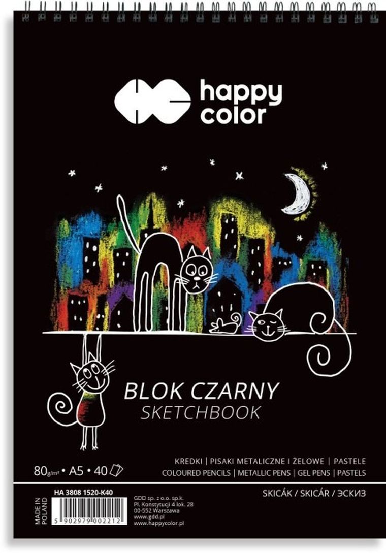 Happy Color, blok A5, czarny na spirali, koty, 80g, 40 arkuszy
