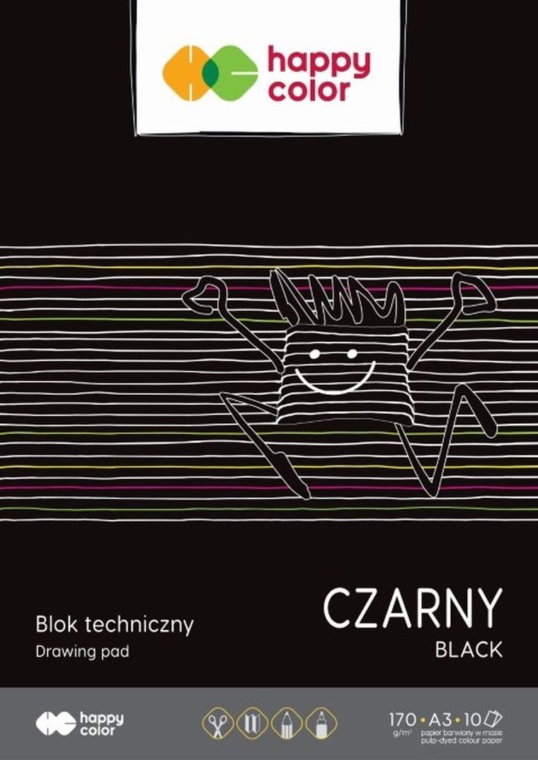 Happy Color, Blok techniczny, czarny, a3, 170g, 10 arkuszy