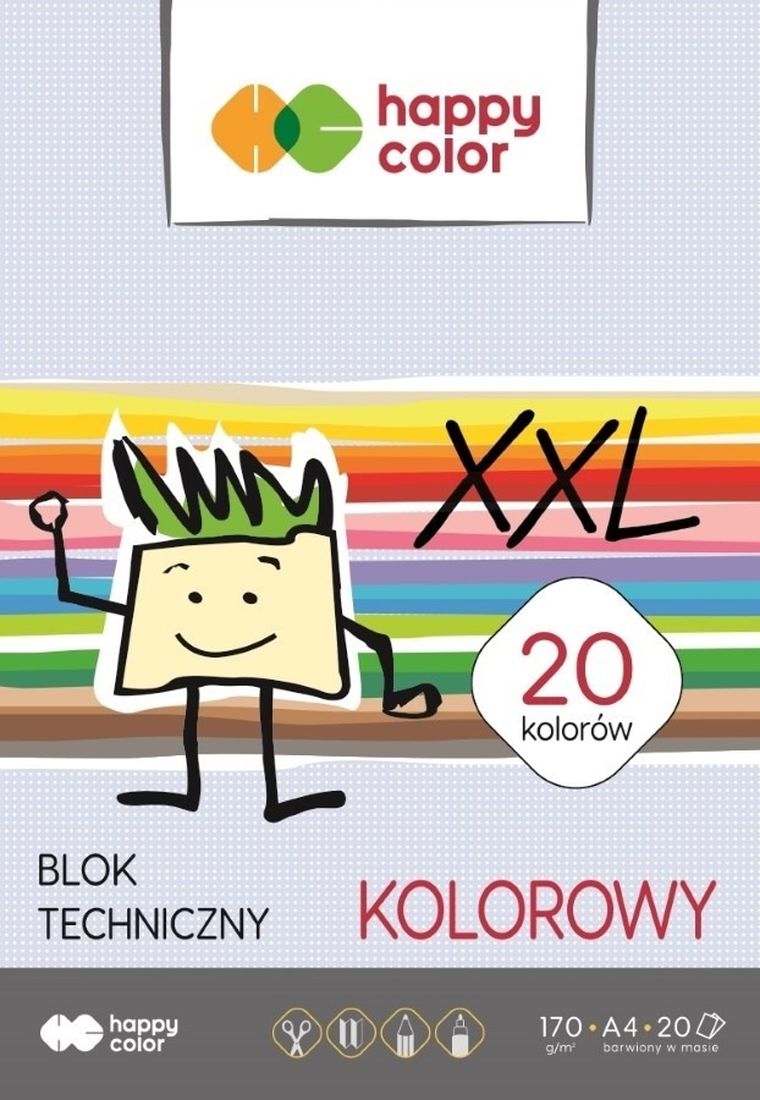Happy Color, blok techniczny, kolorowy, A4, 20 arkuszy, 170g