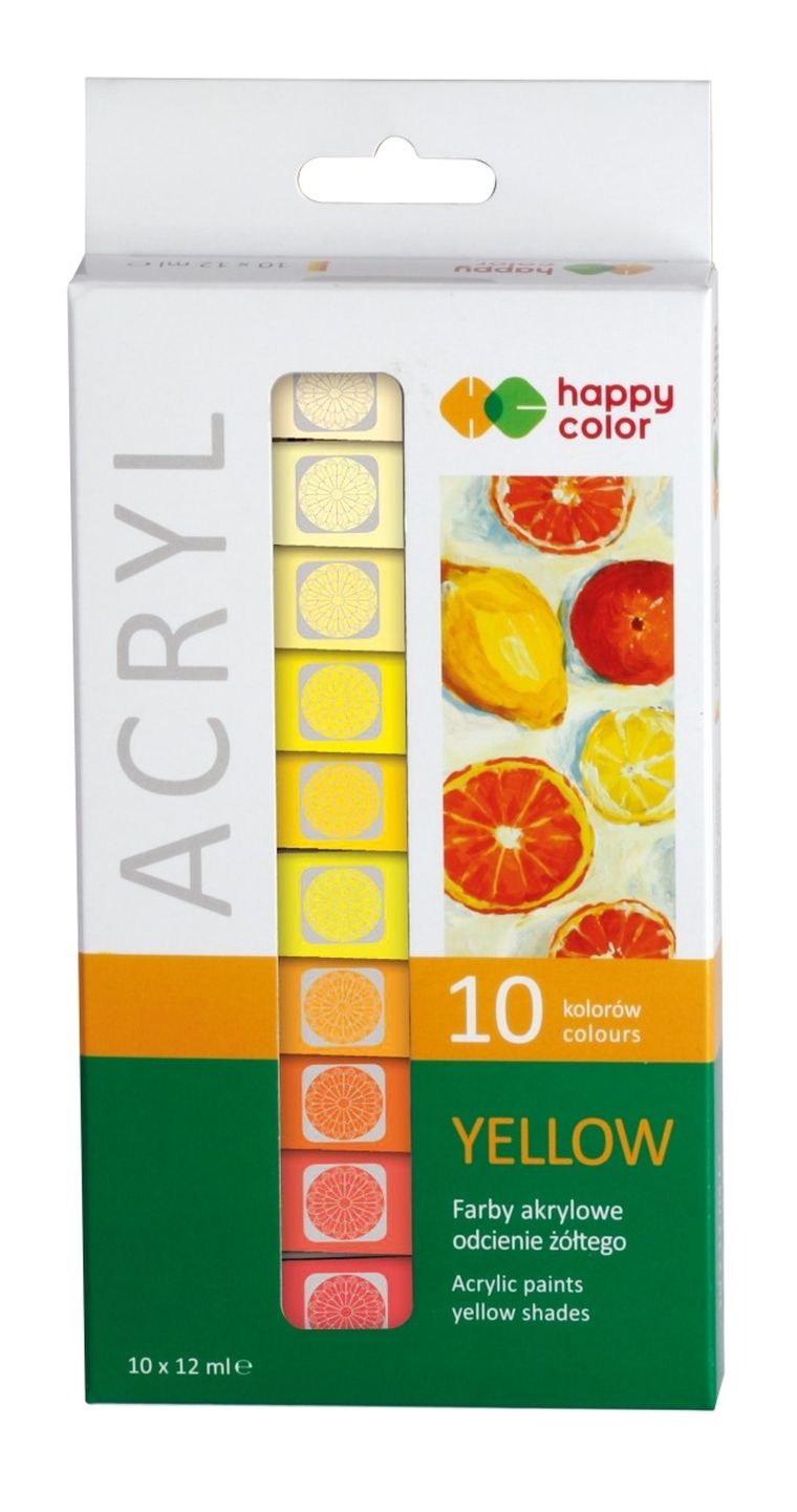 Happy Color, farba akrylowa, odcienie żółtego, 12 ml, 10 kolorów, zestaw kolorystyczny