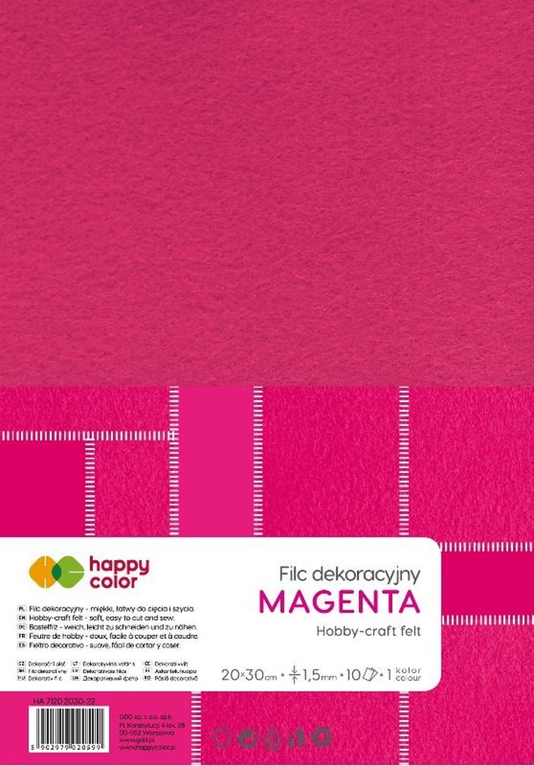Happy Color, filc dekoracyjny, 1.5 mm, 20-30 cm, 5 arkuszy, Magenta