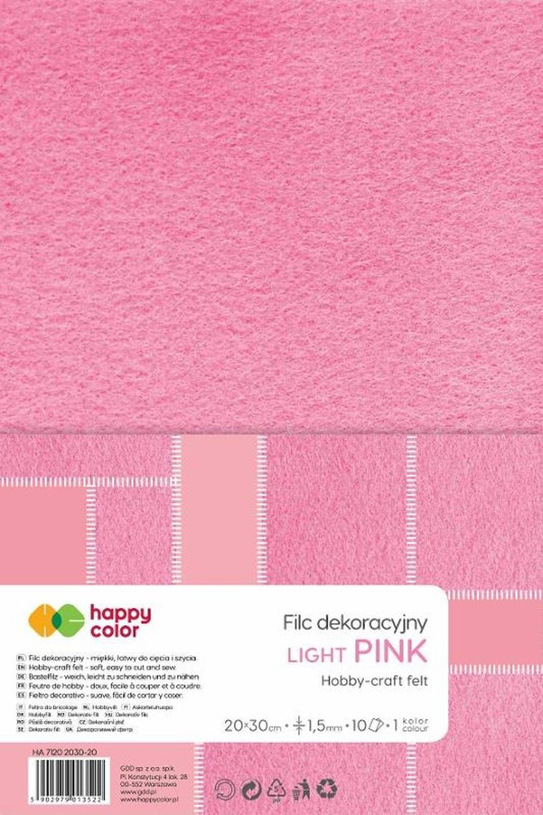 Happy Color, filc dekoracyjny, jasnoróżowy, 10 arkuszy, 20-30 cm, 1,5 mm