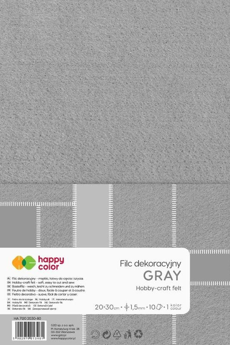 Happy Color, filc dekoracyjny, szary, 10 arkuszy, 20-30 cm, 1,5 mm