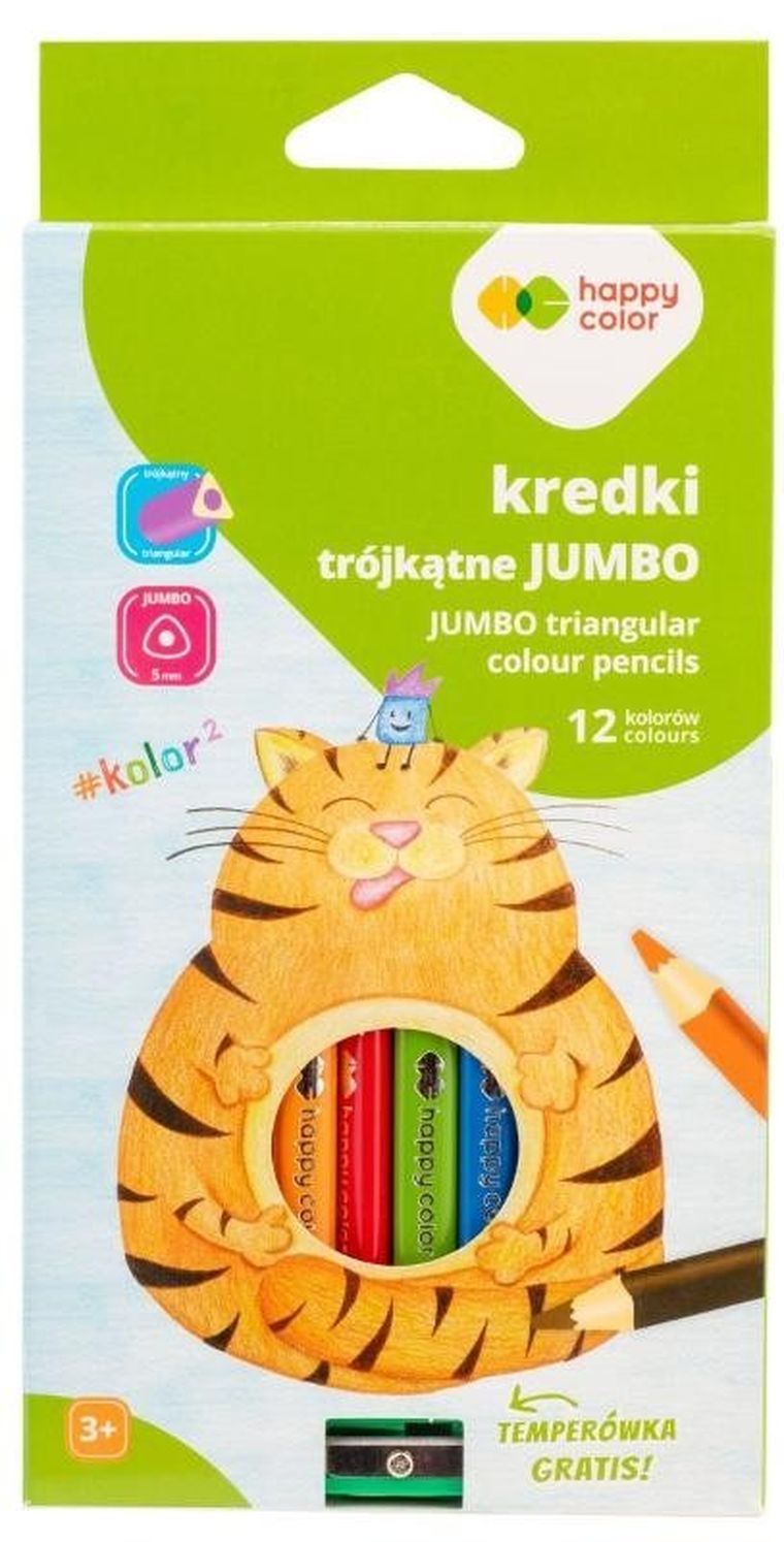 Happy Color, Jumbo, kredki ołówkowe trójkątne z temperówką, 12 kolorów