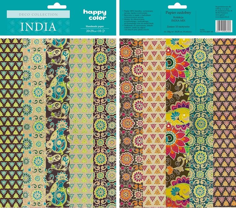 Happy Color, papiery ozdobne, Deco India mix, 10 motywów, 20-29 cm, 10 arkuszy