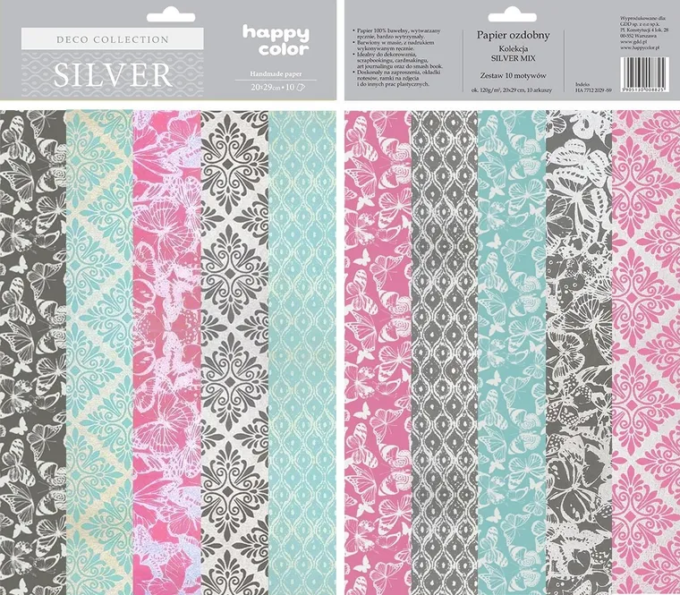Happy Color, papiery ozdobne, Deco Silver mix, 10 motywów, 20-29 cm, 10 arkuszy