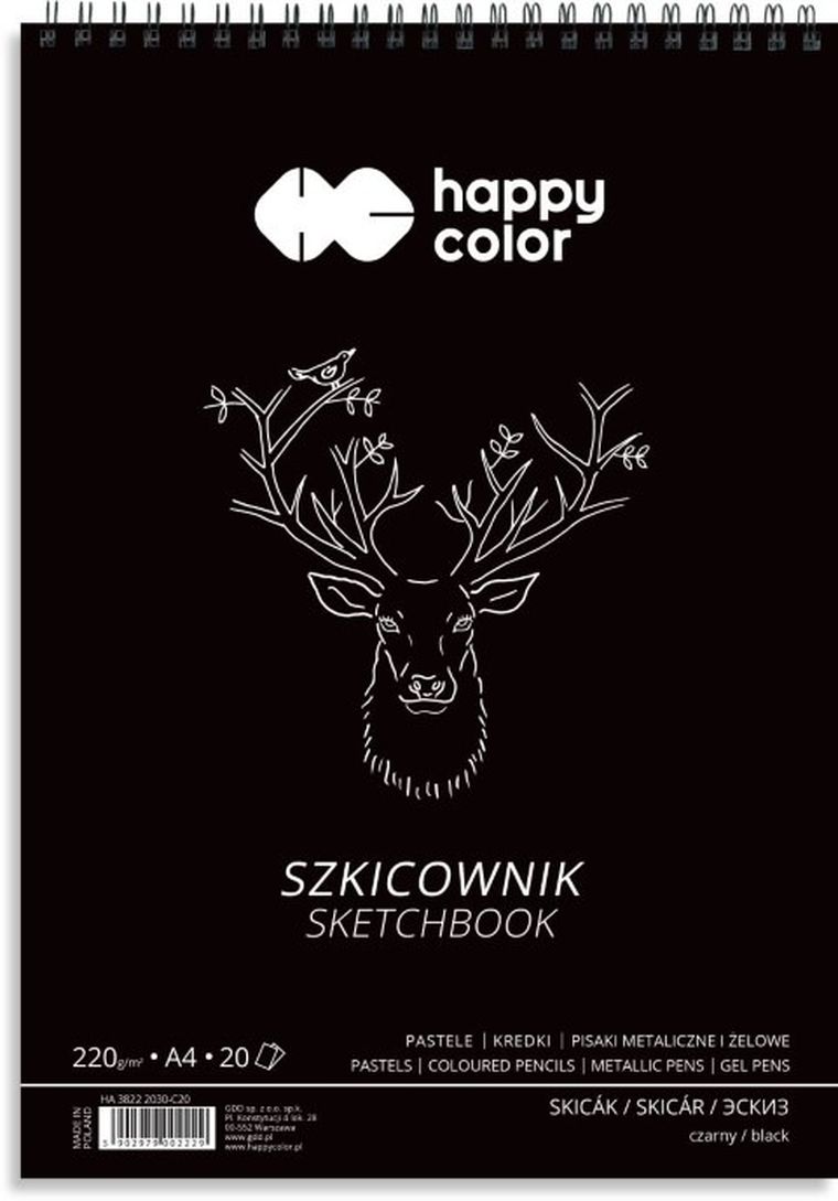 Happy Color, szkicownik A4, na spirali, czarny, 220g, 20 arkuszy