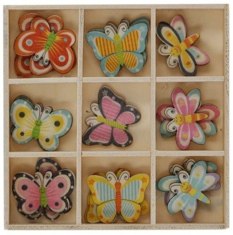 Hasta, dekoracje drewniane, motyle kolorowe, 27 szt.