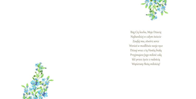 Henry, karnet, I Komunia Święta, niezapominajki, lakier 3D