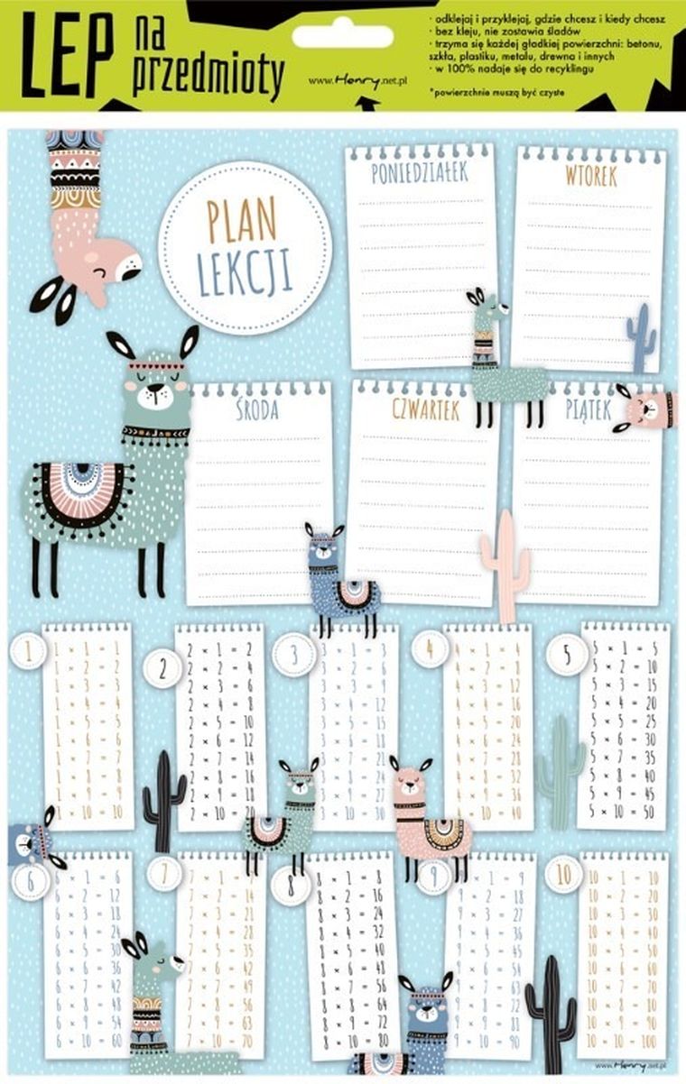 Henry, Lep na przedmioty, elektrostatyczny plan lekcji z tabliczką mnożenia A4, lamy