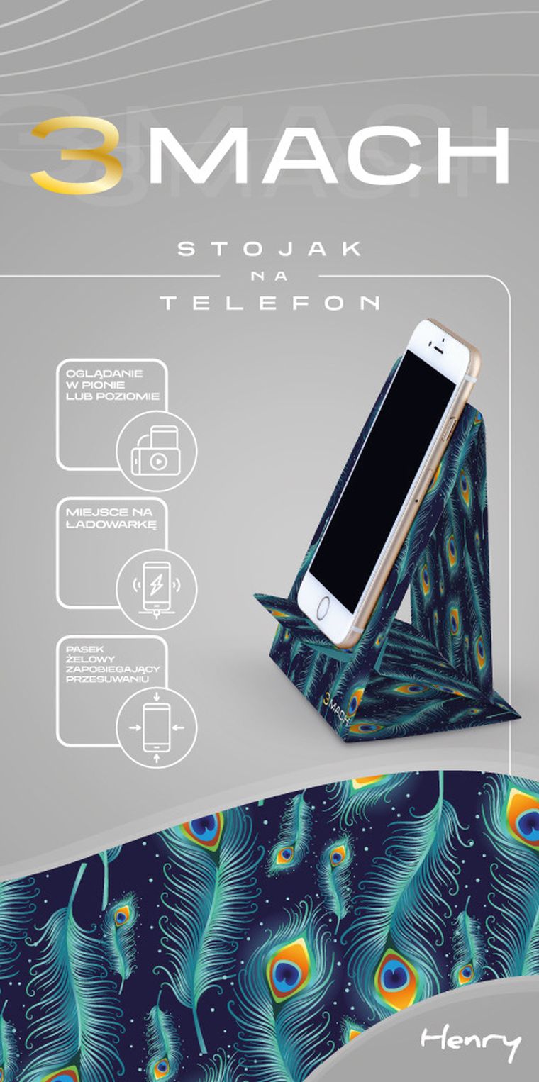 Henry, stojak na telefon, pawie pióra