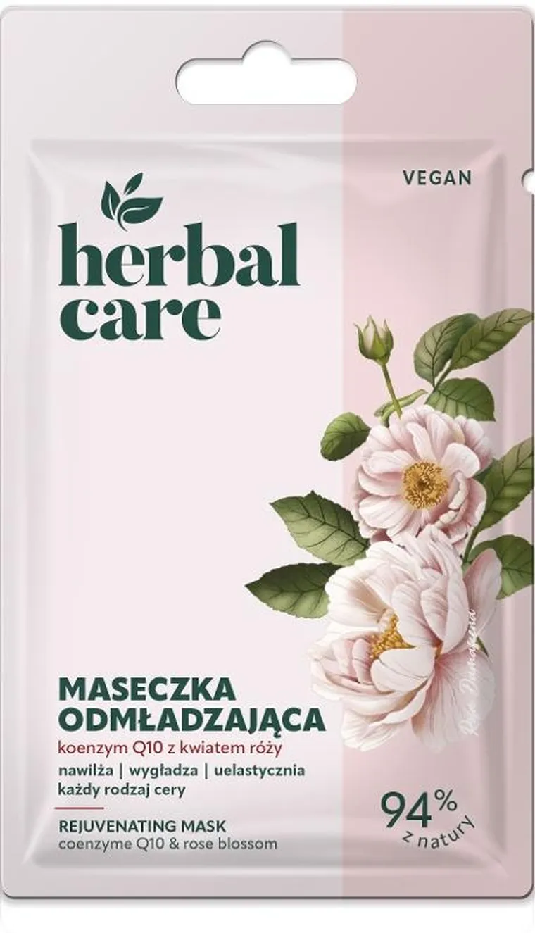 Herbal Care, Vegan, odmładzająca maseczka na twarz, koenzym q10 z kwiatem róży, 7g