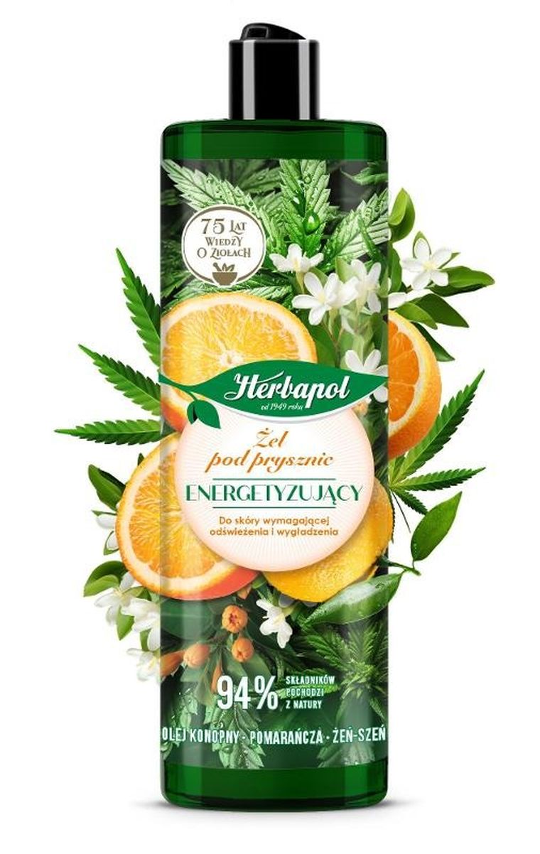 Herbapol, żel pod prysznic, energetyzujący, olej konopny, pomarańcza, żeń-szeń, 400 ml