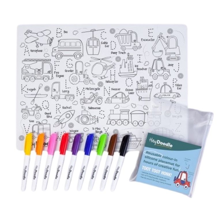 Hey Doodle, mata silikonowa do kolorowania A3, alfabet, pojazdy