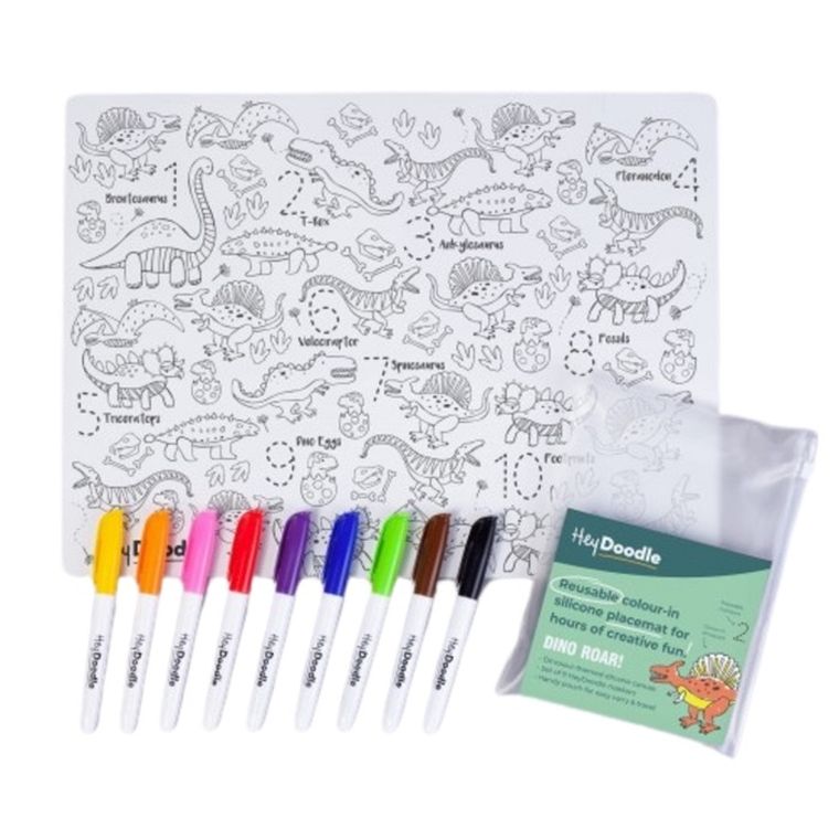 Hey Doodle, mata silikonowa do kolorowania A3, cyferki, dinozaury