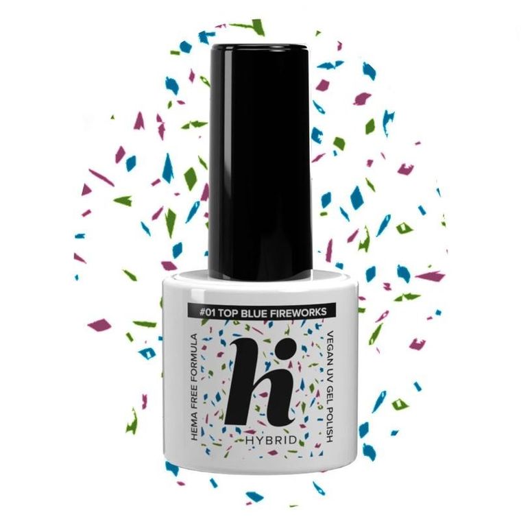 Hi Hybrid, Hema Free No Wipe, top na lakier hybrydowy, #01 blue fireworks, 5 ml