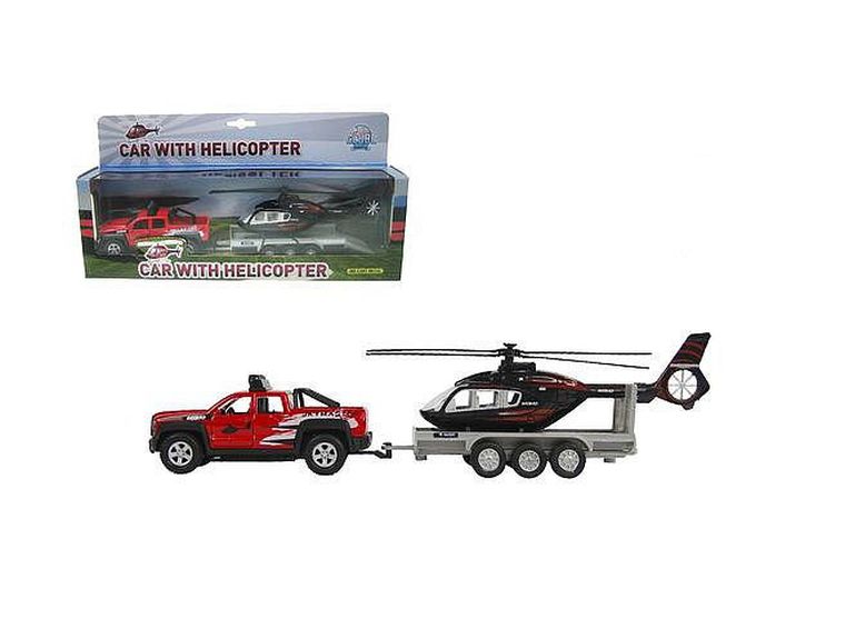 Hipo, auto terenowe, zestaw pojazd z przyczepą i helikopterem