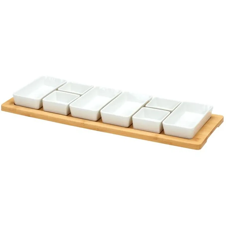 Home Styling Collection, Aion, porcelanowe miseczki na przekąski na bambusowej tacy, 9 elementów