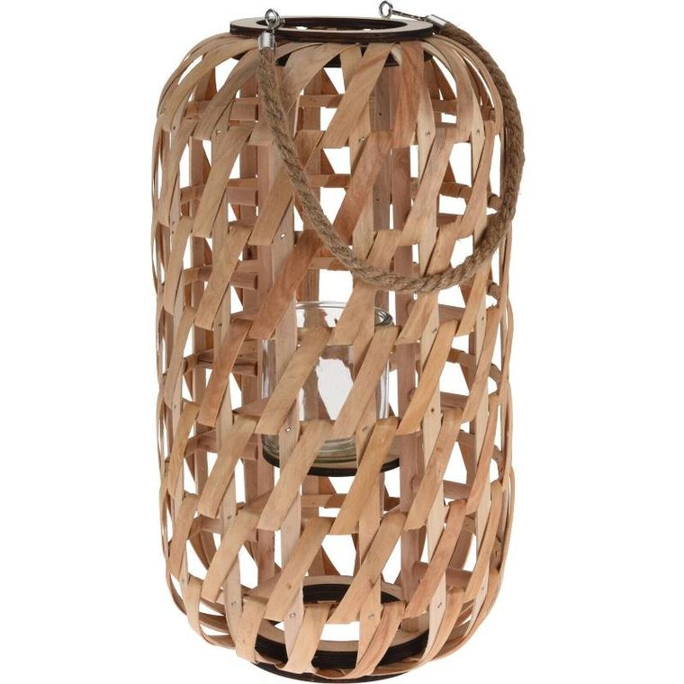 Home Styling Collection, drewniany lampion, minimalistyczna plecionka i uchwyt ze sznurka