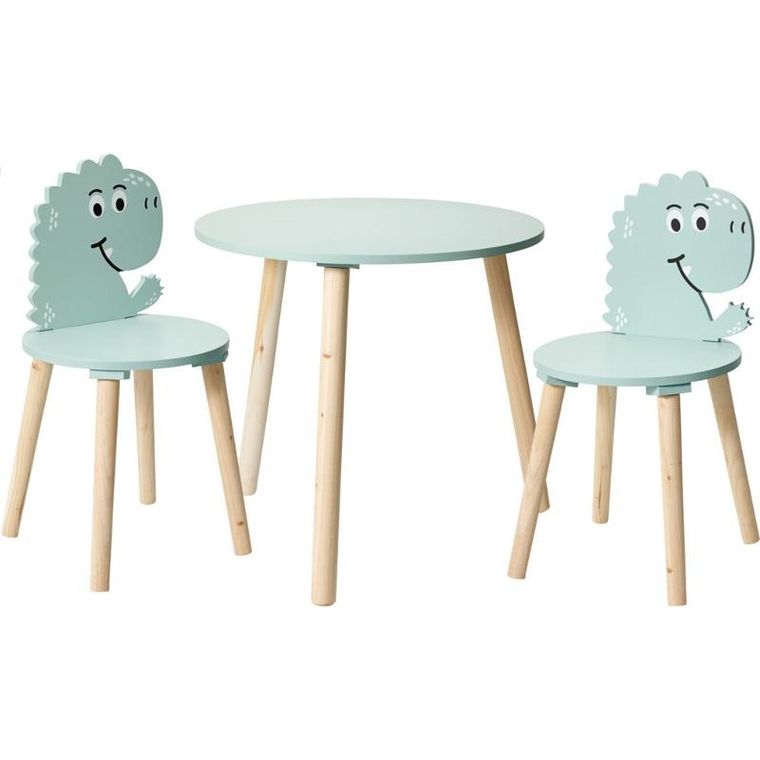 Home Styling Collection, drewniany stolik z 2 krzesełkami dla dzieci, motyw dinozaura, wys. 50 cm