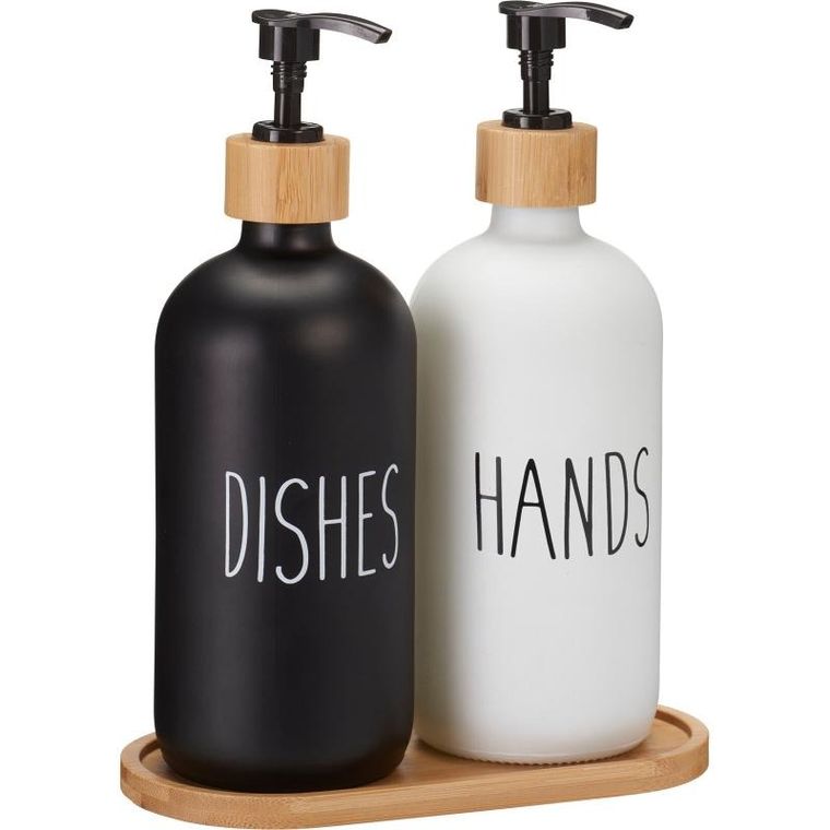 Home Styling Collection, Easy, dozownik na płyn do naczyń i mydło, na bambusowej tacce, 2-500 ml