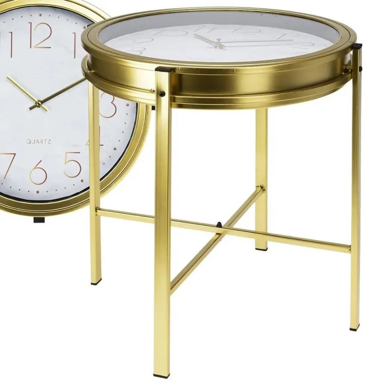 Home Styling Collection, stolik kawowy, metalowy złoty z zegarem, 42-40 cm