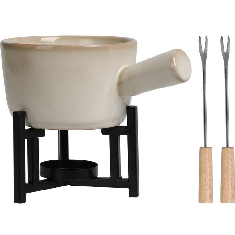 Home Styling Collection, zestaw do fondue serowego, rondelek z porcelany, 2 widelce