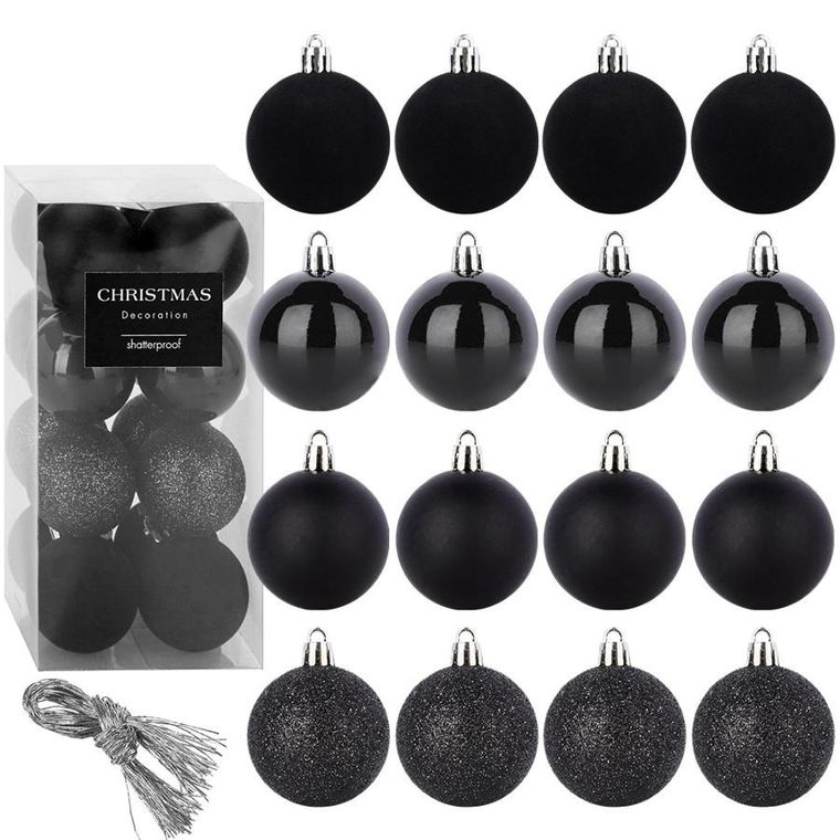 Home Styling Decoration, bombki choinkowe, nietłukące, czarne, 5 cm, 16 szt.
