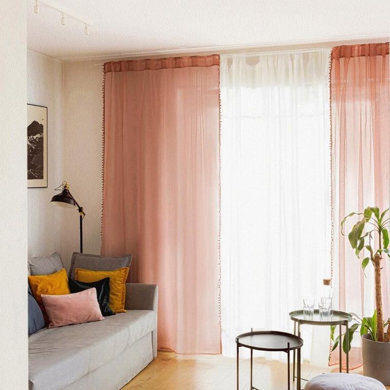 Homla, Adi, firanka, brudny róż z pomponikami, 140-250 cm