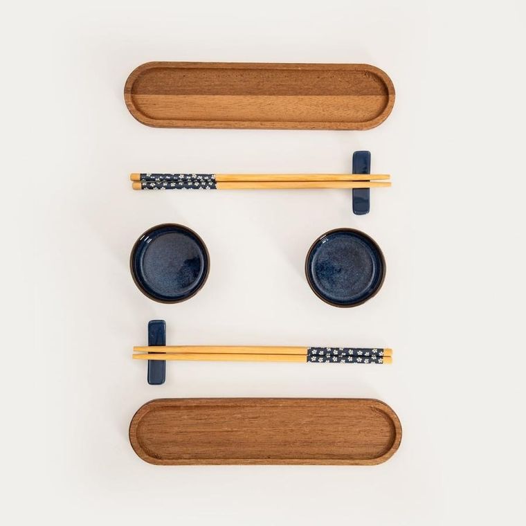 Homla, Akita, zestaw, do sushi z granatowymi miseczkami i akacjowymi deskami, 8 elementów
