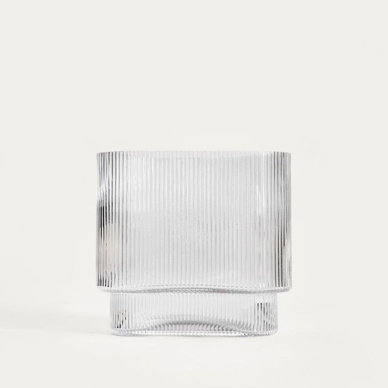 Homla, Amer, wazon, szklany podłużny prążkowany transparentny, 20-10-18,5 cm